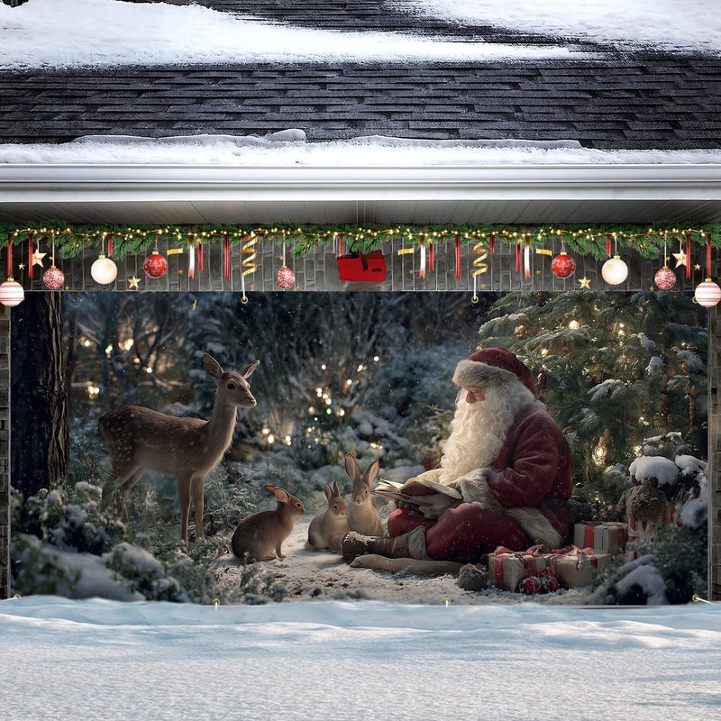 ANNA QUEEN Christmas Garage Door Banner 6×13 FT, Santa Reading Story to Forest Animals, Heart-Warming Holiday Scene, Outdoor Garage Decoration for Parties Home Decor - Image 2